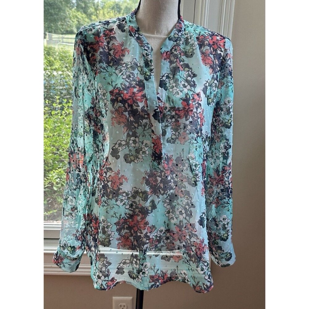 KUT from the Kloth Womens M Medium‎ Floral Sheer Roll Tab Sleeves Blouse